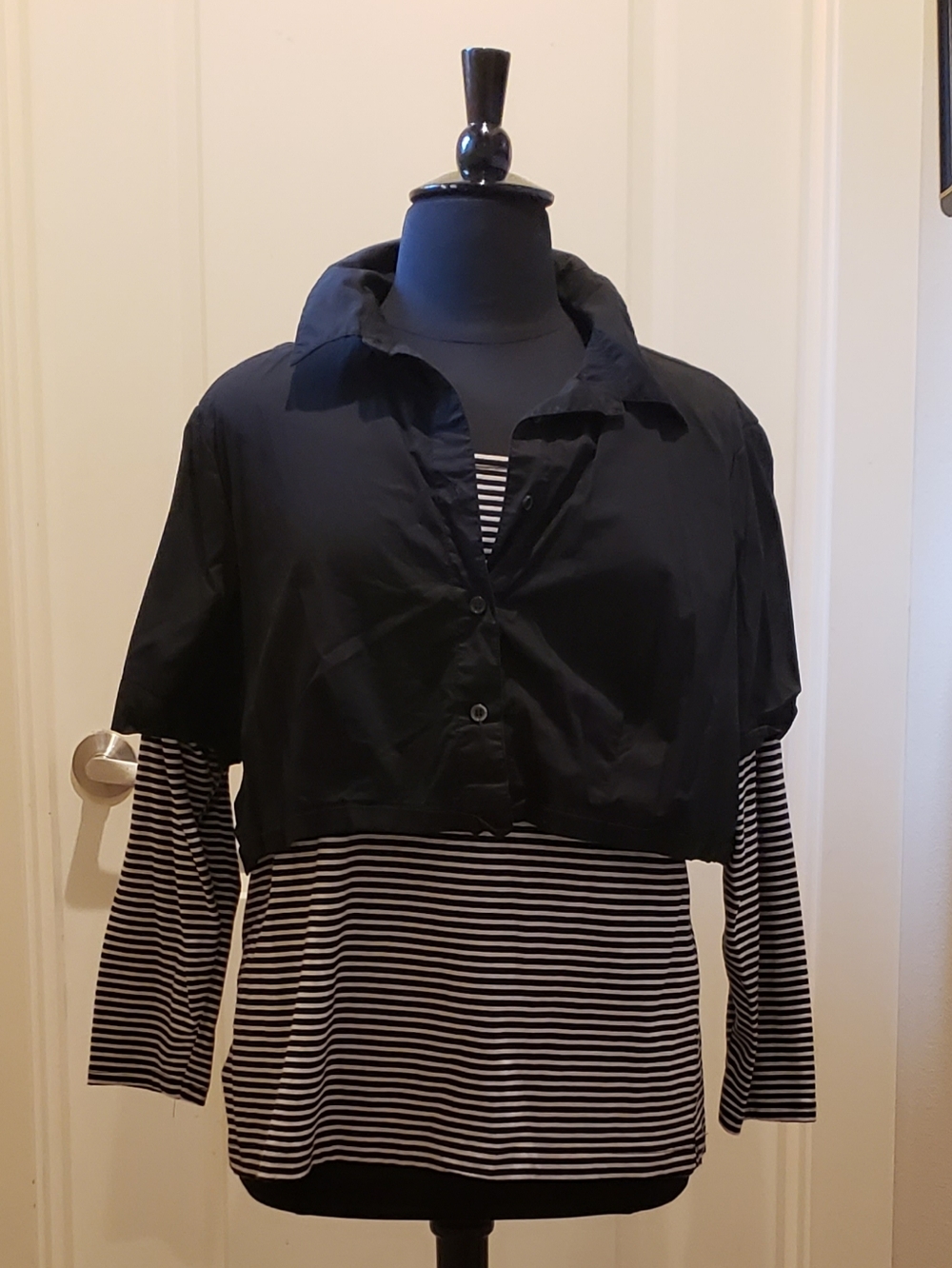 INC Black Layered Crop Top On Striped Long-Sleeve Top